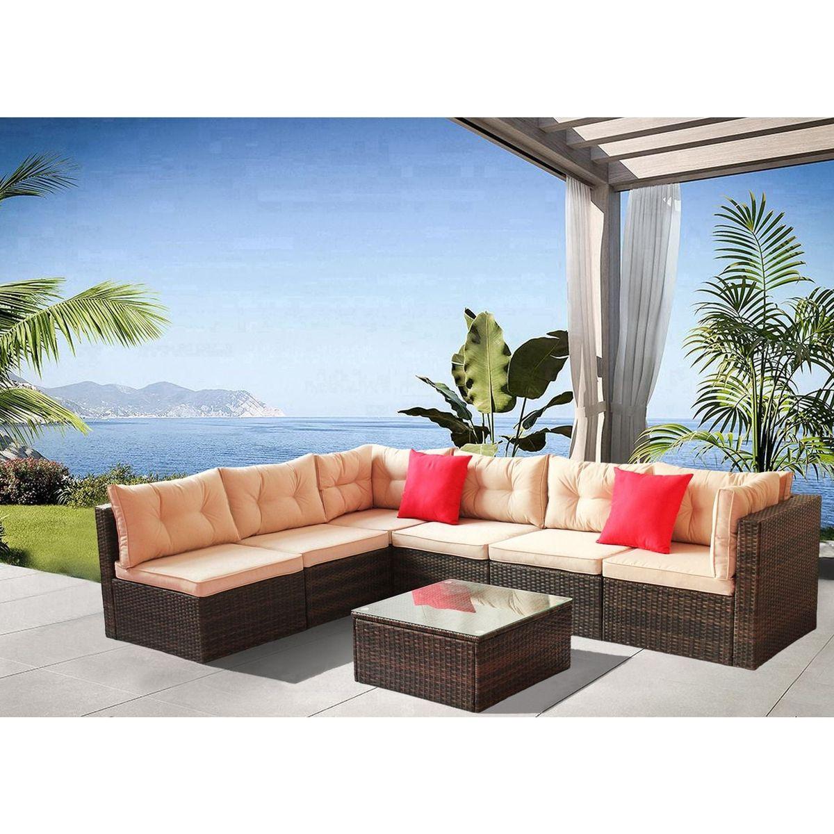 Patio Furniture Set PE Rattan Sectional Garden Furniture Corner Sofa Set (7 Pieces, Shallow brownCushion)