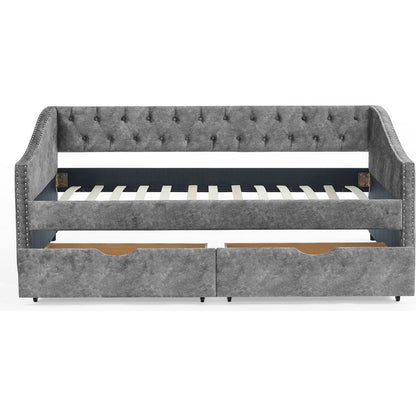 Twin Size Daybed with Drawers Upholstered Tufted Sofa Bed, with Button on Back and Copper Nail on Waved Shape Armsrey1.5"41"30.5"