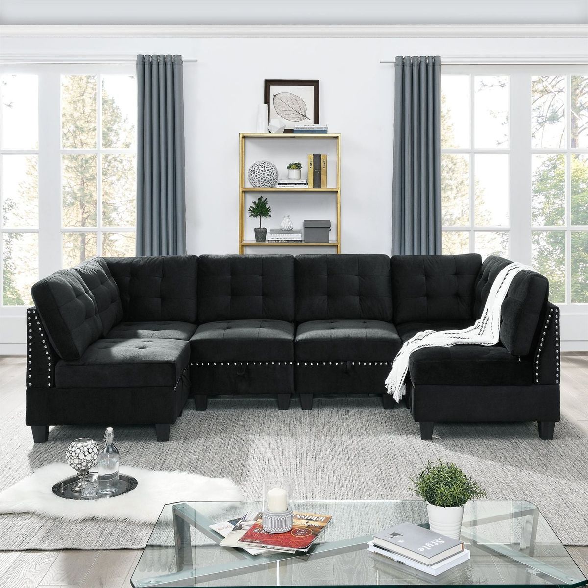 U shape Modular Sectional Sofa,DIY Combination,includes Four Single Chair and Two Corner,Black Velvet.