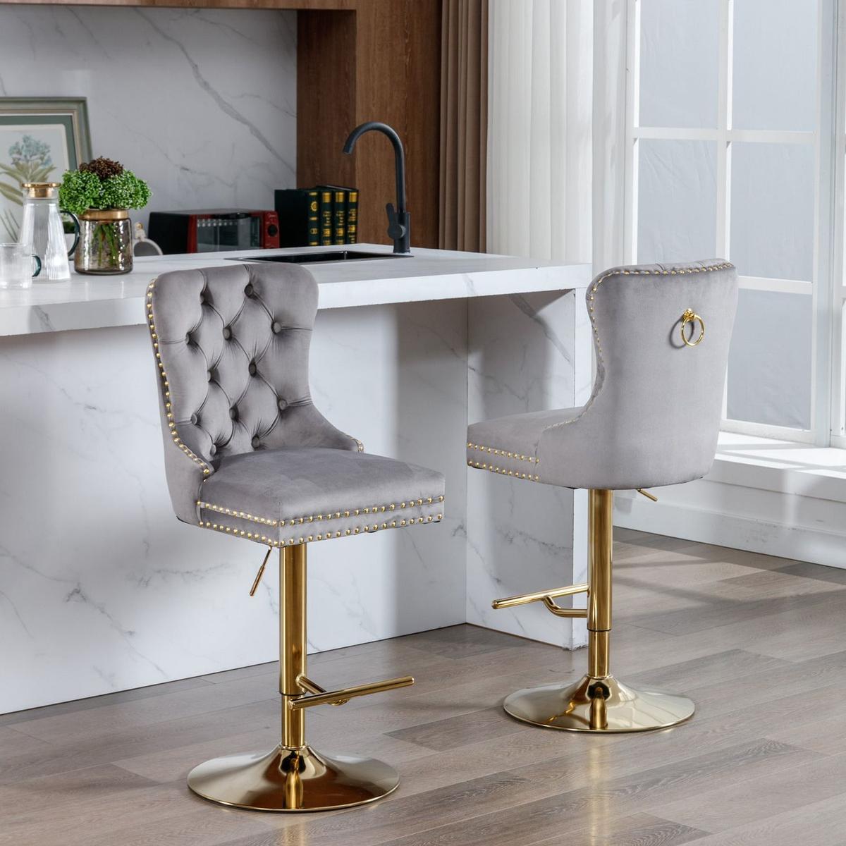 Thick Golden Swivel Velvet Barstools Adjusatble Seat Height from 25-33 Inch, Modern Upholstered Bar Stools with Backs Comfortable Tufted for Home Pub and Kitchen Island (Gray, Set of 2)