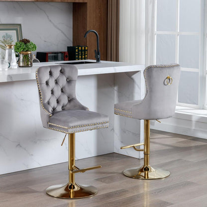 Thick Golden Swivel Velvet Barstools Adjusatble Seat Height from 25-33 Inch, Modern Upholstered Bar Stools with Backs Comfortable Tufted for Home Pub and Kitchen Island (Gray, Set of 2)