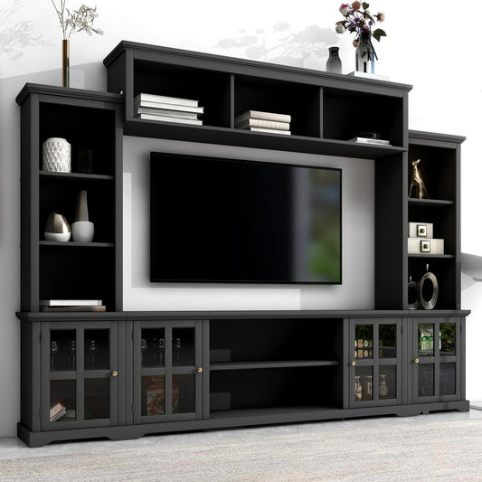 Minimalism Style Entertainment Wall Unit with Bridge, Modern TV Console Table for TVs Up to 70", Multifunctional TV Stand with Tempered Glass Door, Black