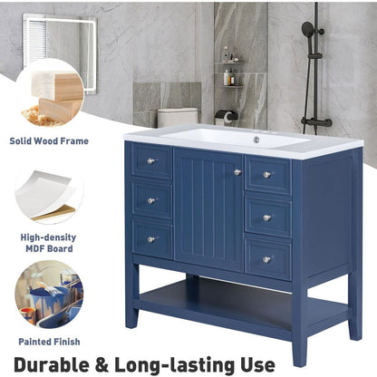 36" Bathroom Vanity with Sink Combo, One Cabinet and Three Drawers, Solid Wood and MDF Board, Blue