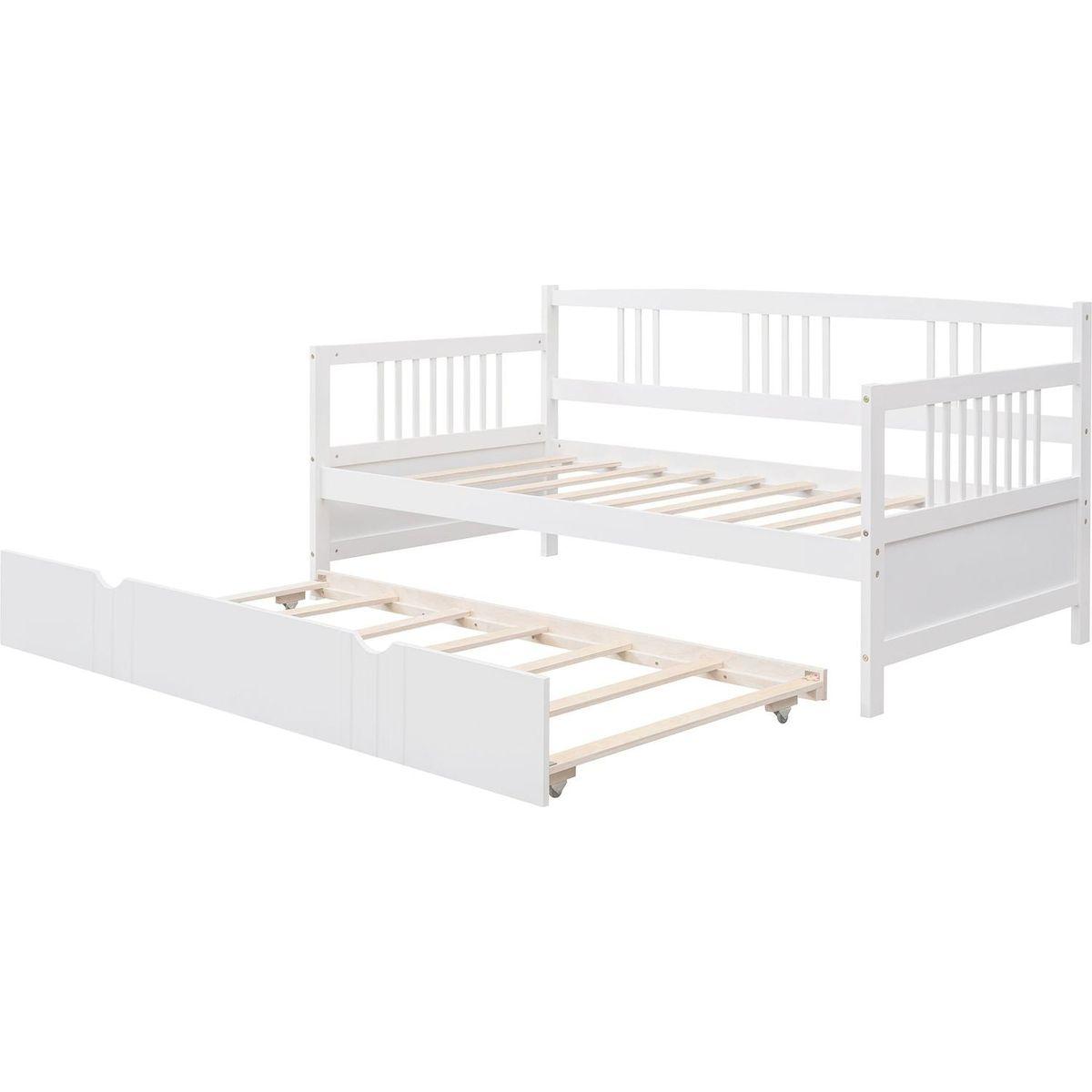 Twin Size Daybed Wood Bed with Twin Size Trundle, White