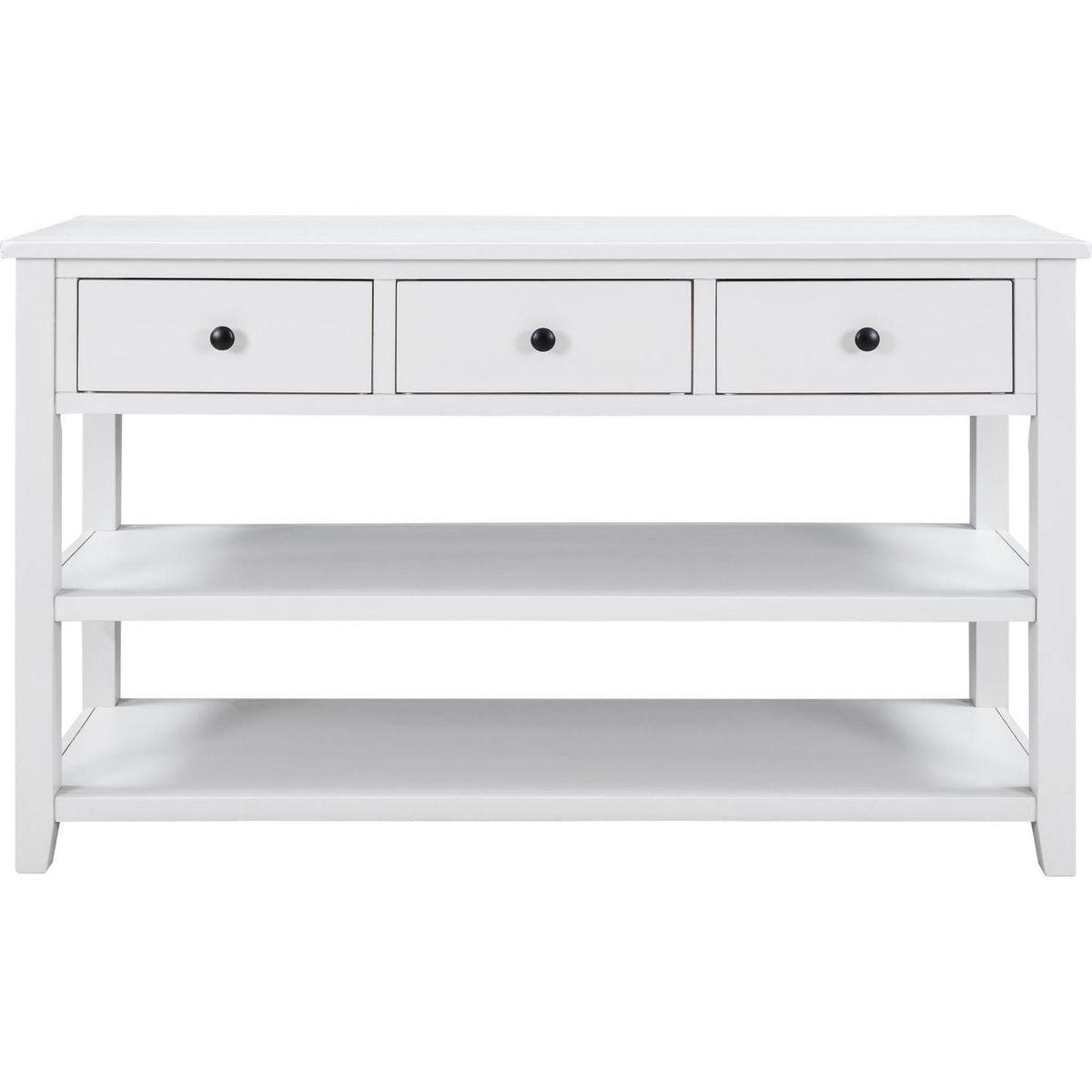 Retro Design Console Table with Two Open Shelves, Pine Solid Wood Frame and Legs for Living Room (Antique White)