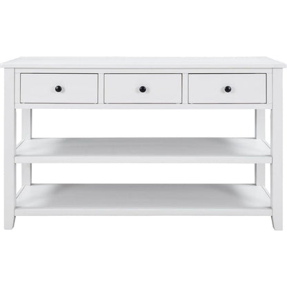 Retro Design Console Table with Two Open Shelves, Pine Solid Wood Frame and Legs for Living Room (Antique White)