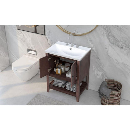 24" Brown Modern Sleek Bathroom Vanity Elegant Ceramic Sink with Solid Wood Frame Open Style Shelf