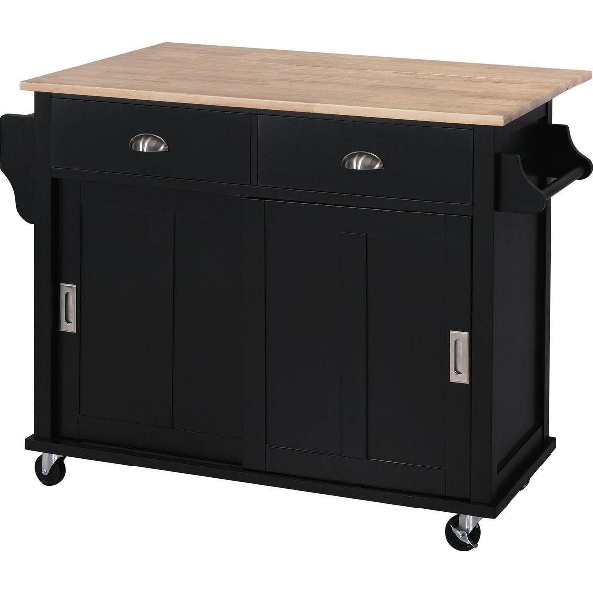 Kitchen Cart with Rubber wood Drop-Leaf Countertop, Concealed sliding barn door adjustable height, Kitchen Island on 4 Wheels with Storage Cabinet and 2 Drawers, L52.2xW30.5xH36.6 inch, Black