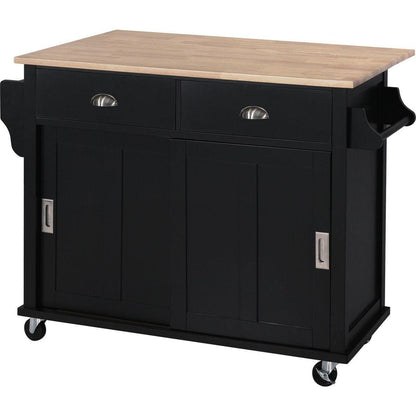 Kitchen Cart with Rubber wood Drop-Leaf Countertop, Concealed sliding barn door adjustable height, Kitchen Island on 4 Wheels with Storage Cabinet and 2 Drawers, L52.2xW30.5xH36.6 inch, Black