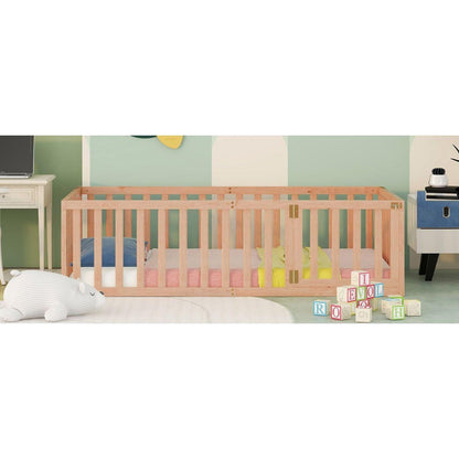 Twin Size Wood Floor Bed Frame with Fence and Door, Natural - Streamdale Furniture