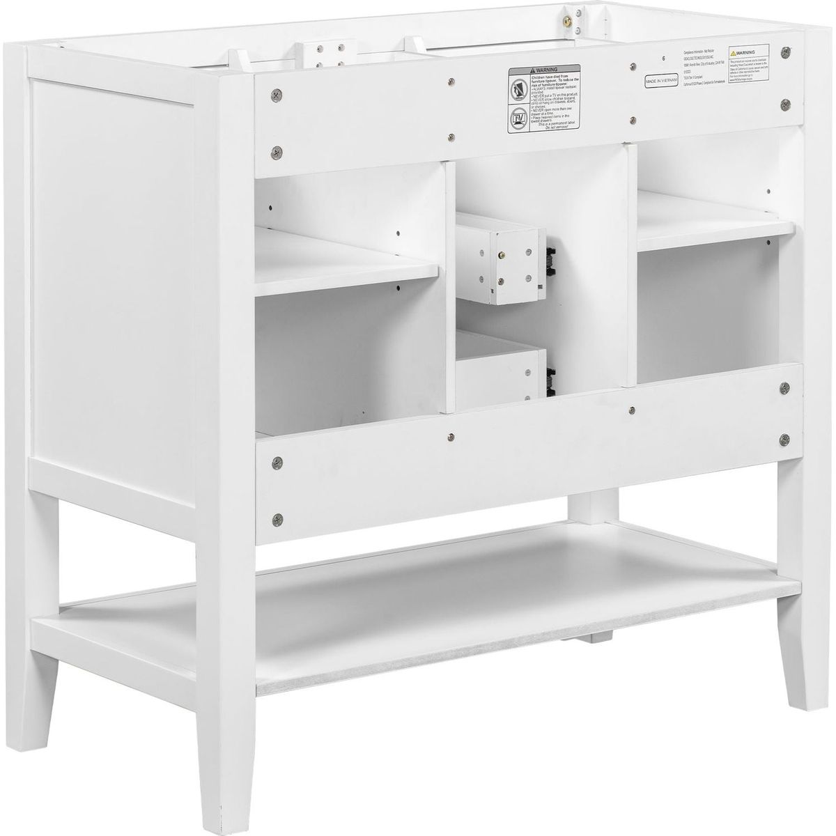 36" Bathroom Vanity without Sink, Cabinet Base Only, Two Cabinets and Drawers, Open Shelf, Solid Wood Frame, White