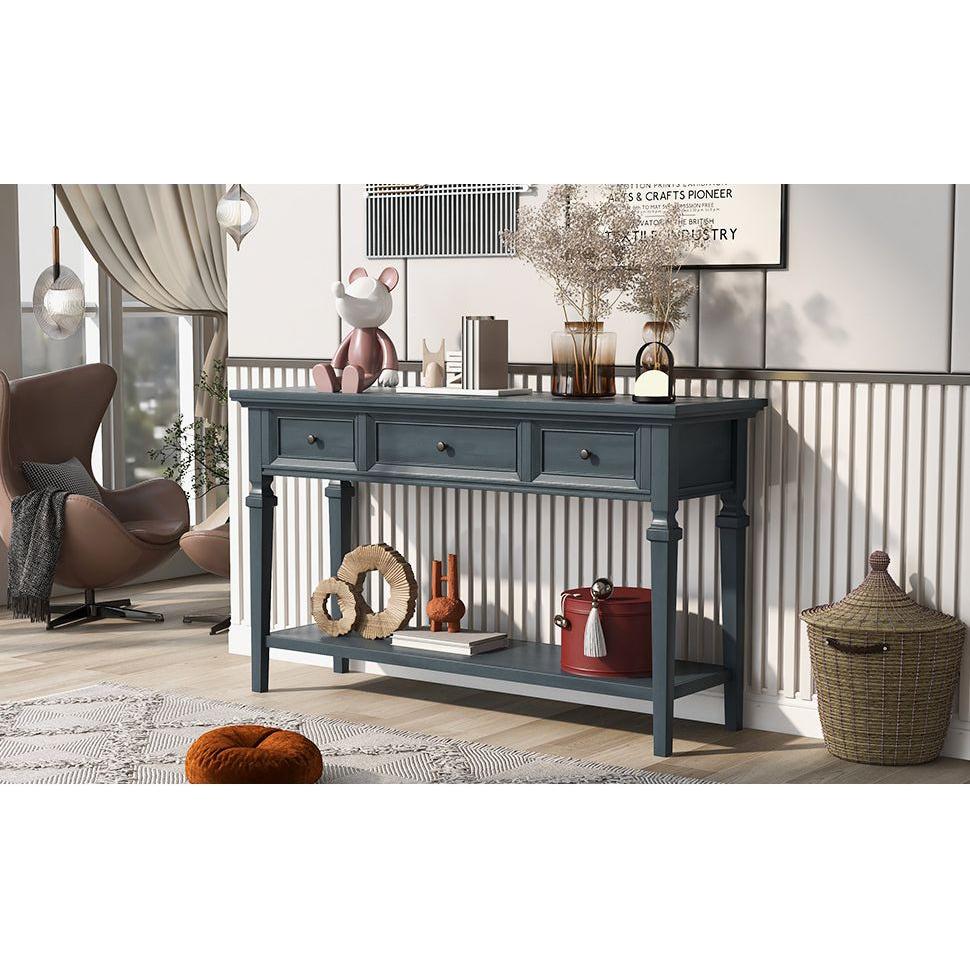 Classic Retro Style Console Table with Three Top Drawers and Open Style Bottom Shelf, Easy Assembly (Navy)