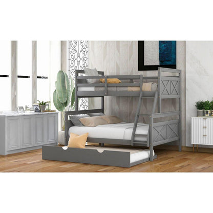 Twin over Full Bunk Bed with Ladder, Twin Size Trundle, Safety Guardrail, Gray