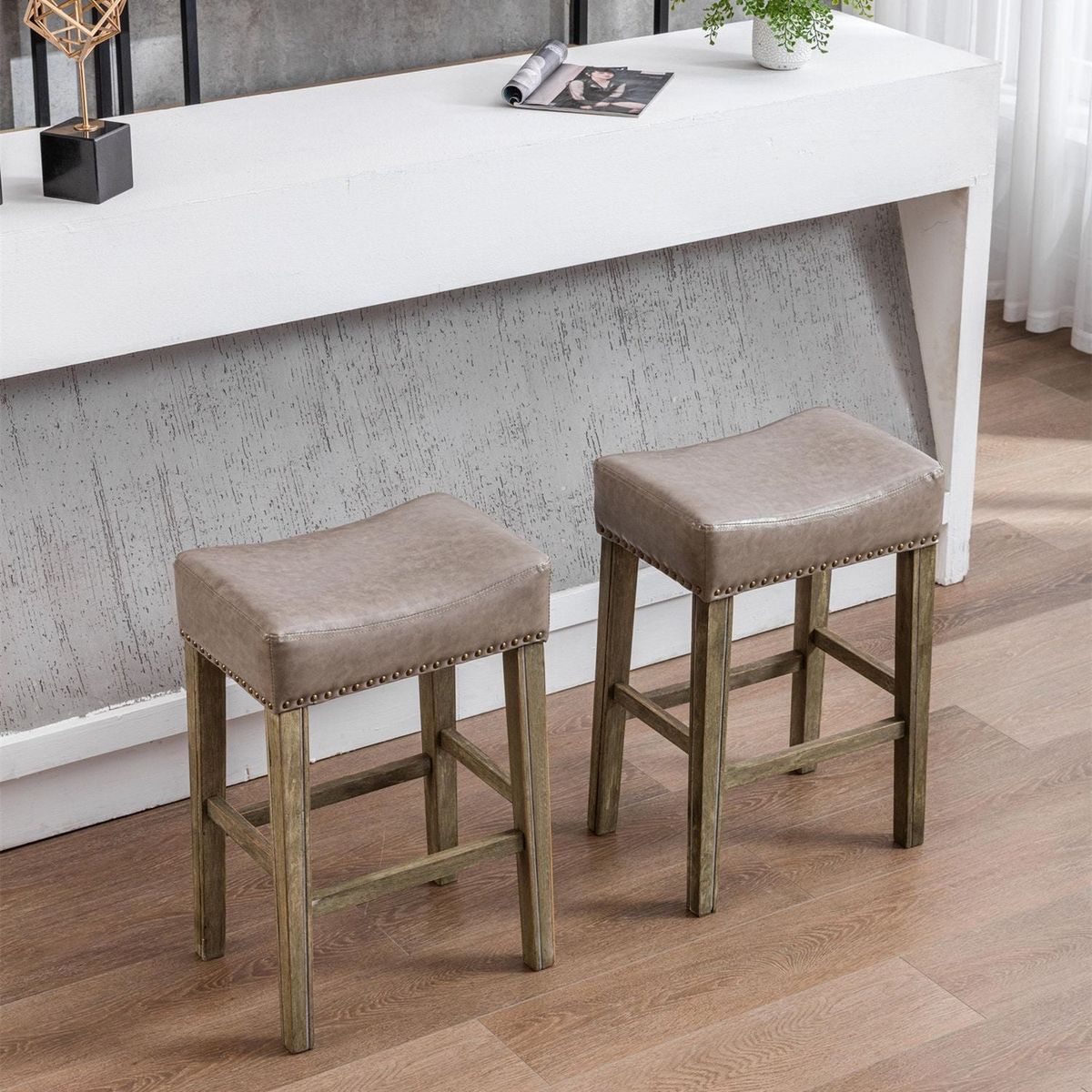 Counter Height 26" Bar Stools for Kitchen Counter Backless Faux Leather Stools Farmhouse Island Chairs (26 Inch, Gray, Set of 2)