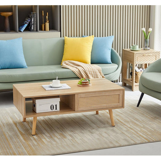 41.34" Rattan Coffee table, sliding door for storage, solid wood legs, Modern table for living room, natural - Streamdale Furniture