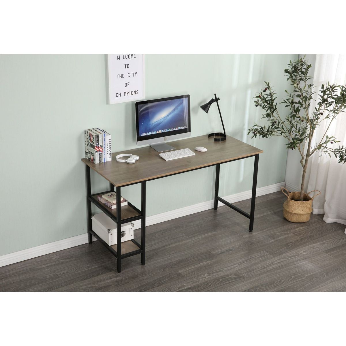 55-inch oversized light gray wood grain, best-selling home office computer desk, study writing desk with two-layer bookshelf