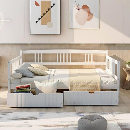 Full Size Daybed Wood Bed with Two Drawers, White - Streamdale Furniture