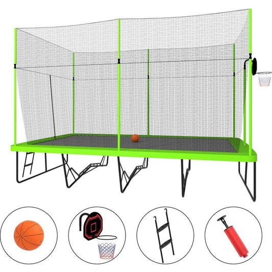 10ft by 17ft Rectangule Trampoline with Green Fabric Black Powder-coated Galvanized Steel Tubes with Basketball Hoop System Advanced Ladder