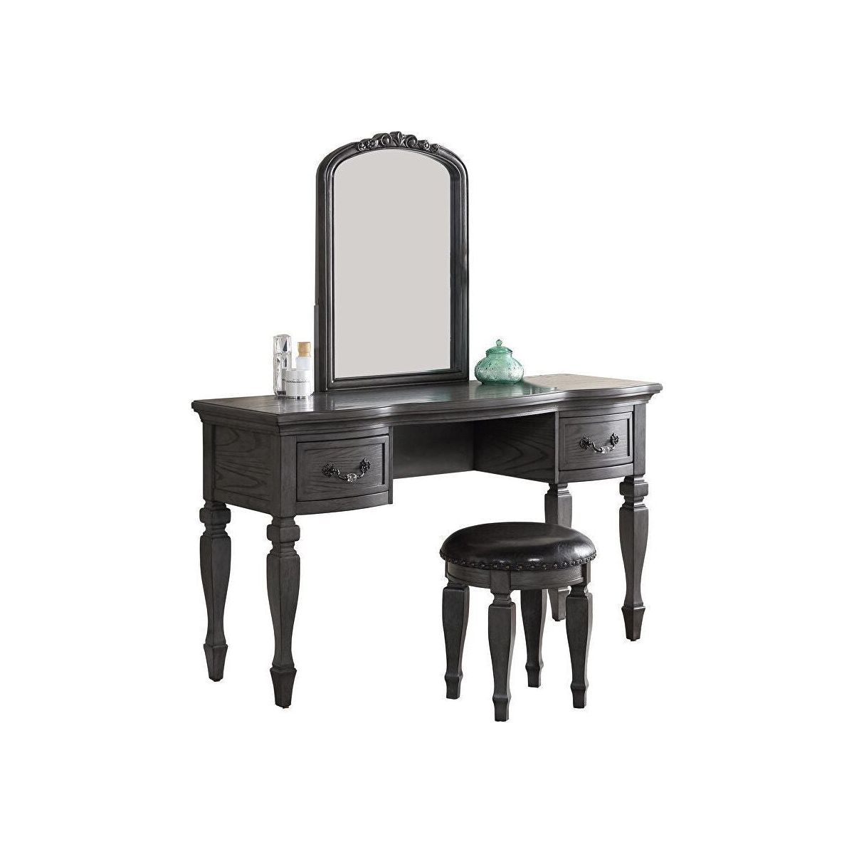 Bedroom Classic Vanity Set Wooden Carved Mirror Stool Drawers Antique Grey Finish