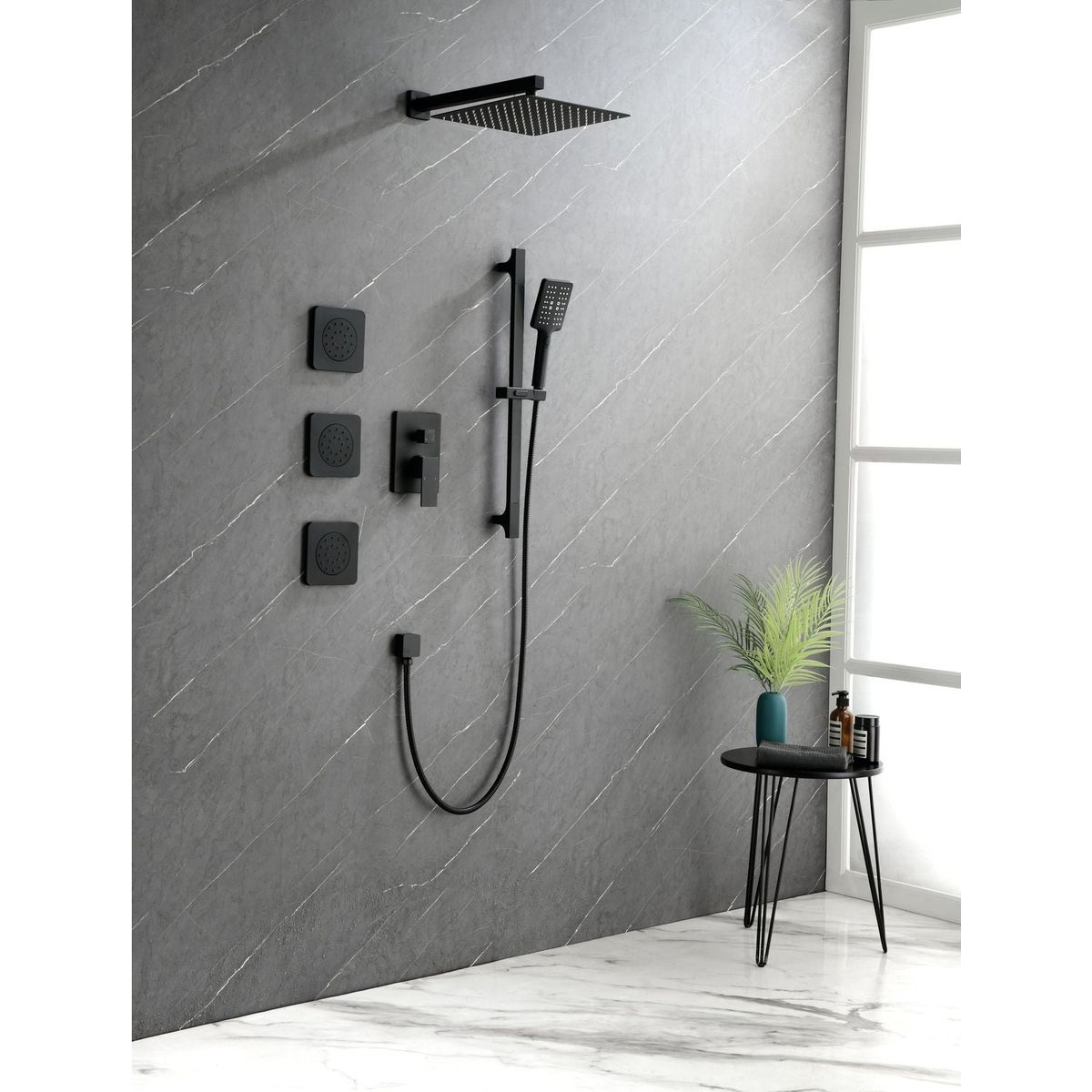 Shower System with Shower Head, Hand Shower, Slide Bar, Bodysprays, Shower Arm, Hose, Valve Trim, and Lever Handles