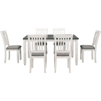 7-Piece Dining Table Set Wood Dining Table and 6 Upholstered Chairs with Shaped Legs for Dining Room/Living Room Furniture (Gray+White)