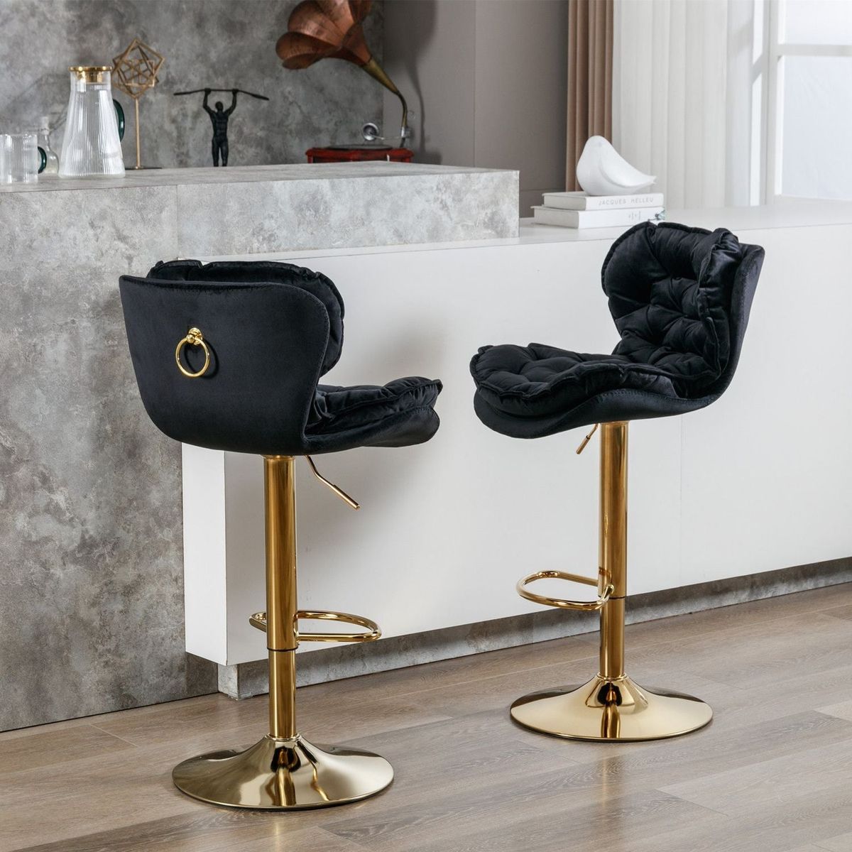 Swivel Bar Stools Set of 2, Velvet Counter Height Adjustable Barstools, Dining Bar Chairs Upholstered Modern Bar Stool for Kitchen Island, Cafe, Bar Counter, Dining Roomlack)