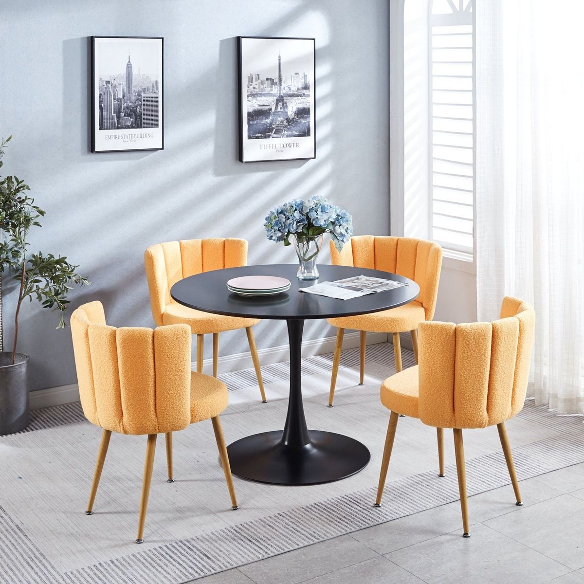 Modern YELLOW dining chair (set of 2) with iron tube wood color legs, shorthair cushions and comfortable backrest, suitable for dining room, living room, cafe, simple structure.