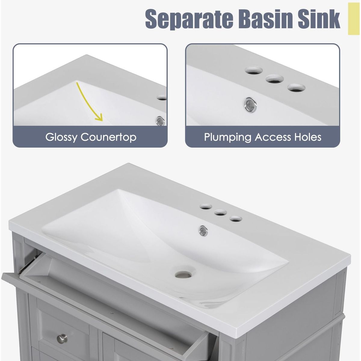 30" Bathroom Vanity with Top Sink, Modern Bathroom Storage Cabinet with 2 Drawers and a Tip-out Drawer, Single Sink Bathroom Vanity