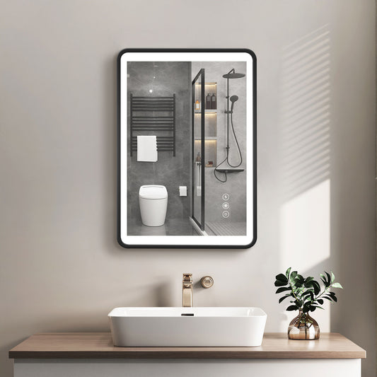 24x32 Black Metal Framed Bathroom Mirror for Wall Rounded Rectangle Mirror, Bathroom Vanity Mirror, Hotel, Anti-Rust Hangs Horizontally or Vertically