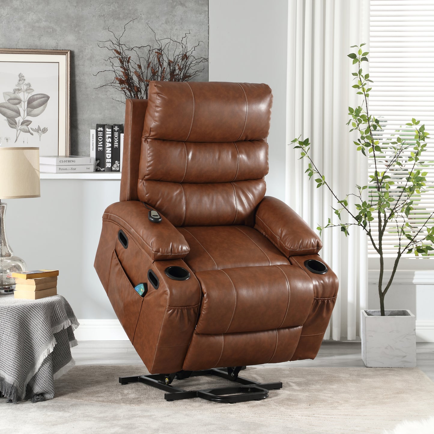 21"seat width,large size Electric Power Lift Recliner Chair Sofa for Elderly, 8 point vibration Massage and lumber heat, Remote Control, Side Pockets and Cup Holders, cozy fabric, overstuffed arm pu