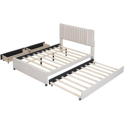 Full Size Upholstered Platform Bed with 2 Drawers and 1 Twin Size Trundle, Classic Headboard Design, Beige