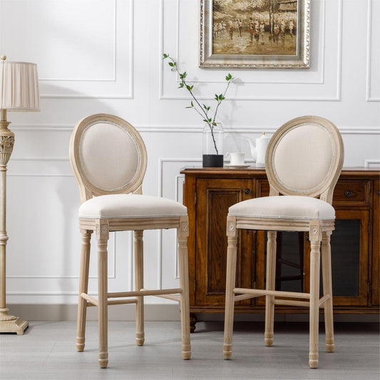 French Country Wooden Barstools With Upholstered Seating, Beige and Natural, Set of 2