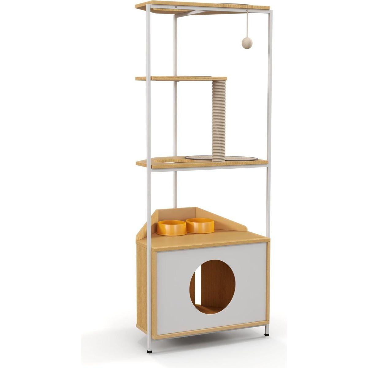 Corner Cat Tower, Cat Tree with Scratching Post, Cat Condo with Feeding Station and Climbing Platforms, Pet Furniture for Indoor Cats