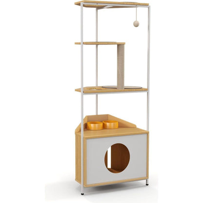 Corner Cat Tower, Cat Tree with Scratching Post, Cat Condo with Feeding Station and Climbing Platforms, Pet Furniture for Indoor Cats