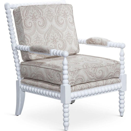 Spindle Chair, White Finish, Taupe Paisley Fabric