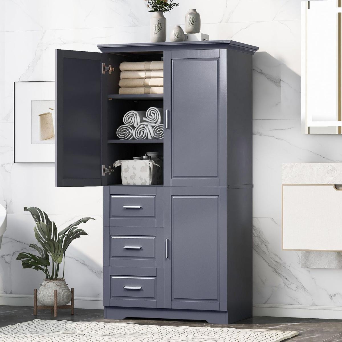 Tall and Wide Storage Cabinet with Doors for Bathroom/Office, Three Drawers, Grey