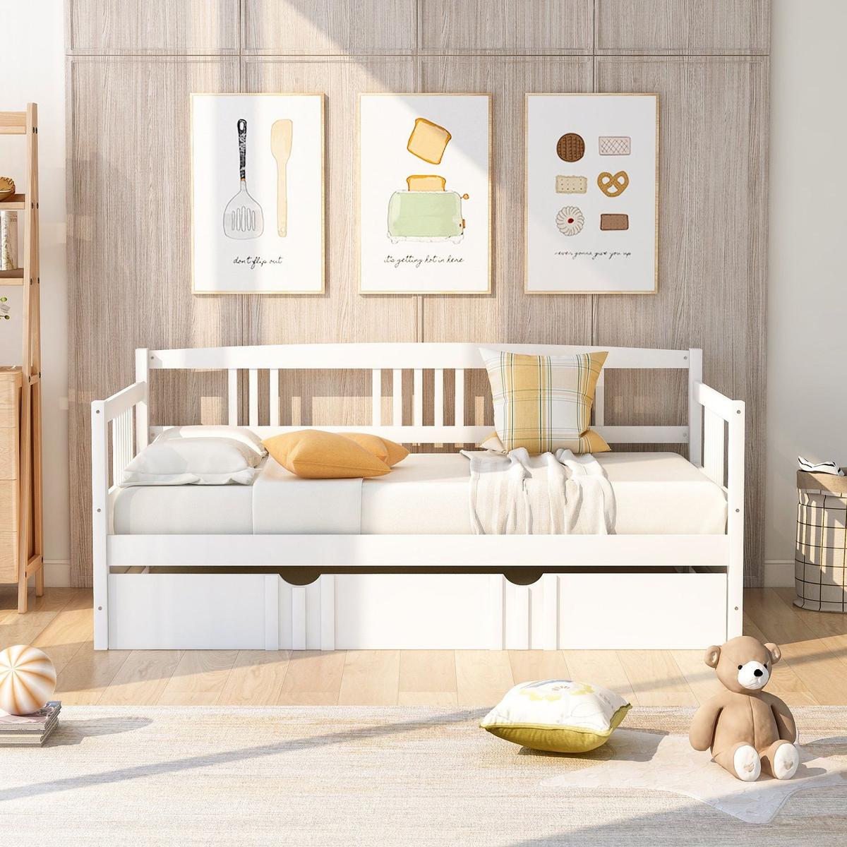 Twin Size Daybed Wood Bed with Twin Size Trundle, White