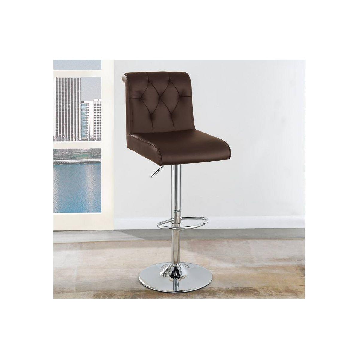 Adjustable Bar stool Gas lift Chair Espresso Faux Leather Tufted Chrome Base Modern Set of 2 Chairs Dining Kitchen