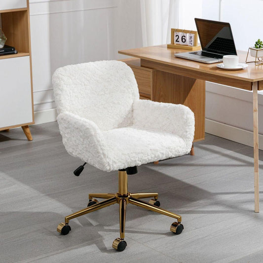 Office Chair, Artificial rabbit hair Home Office Chair with Golden Metal Base, Adjustable Desk Chair Swivel Office Chair, Vanity Chair (Beige)