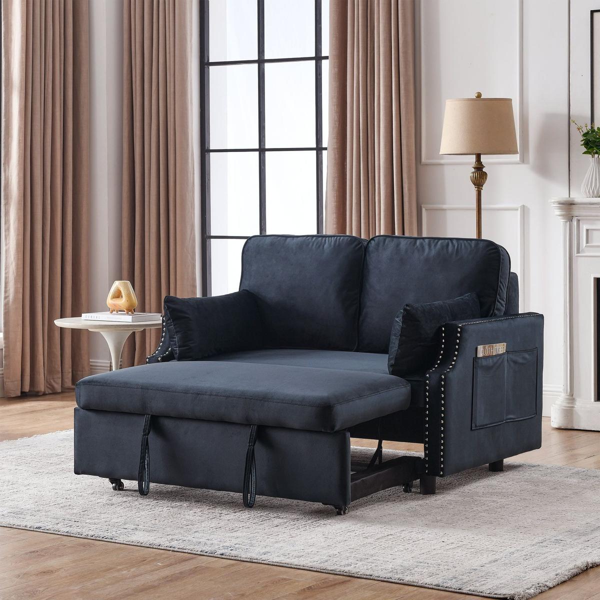 50" Velvet Upholstered Sleeper Sofa bed with Side Storage Pockets, Nailhead Design, 2-Seater Sofa with 2 Pillows and removeable Backrest Pull-out Sofa Bed for Small Spaces in Living Rooms