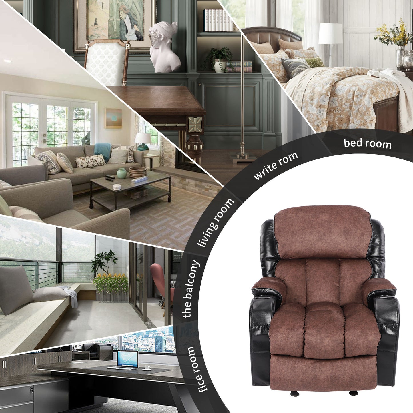 Recliner Chair for Living Room with Rocking Function and Side Pocket blackbrown