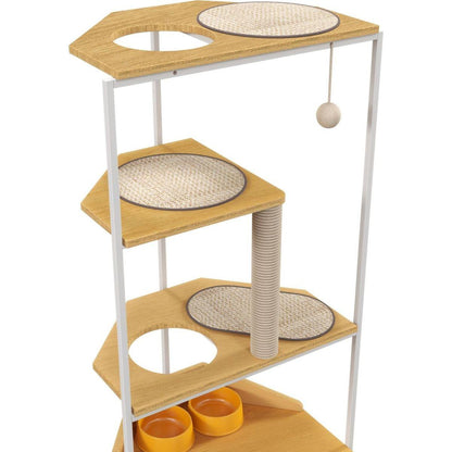 Corner Cat Tower, Cat Tree with Scratching Post, Cat Condo with Feeding Station and Climbing Platforms, Pet Furniture for Indoor Cats