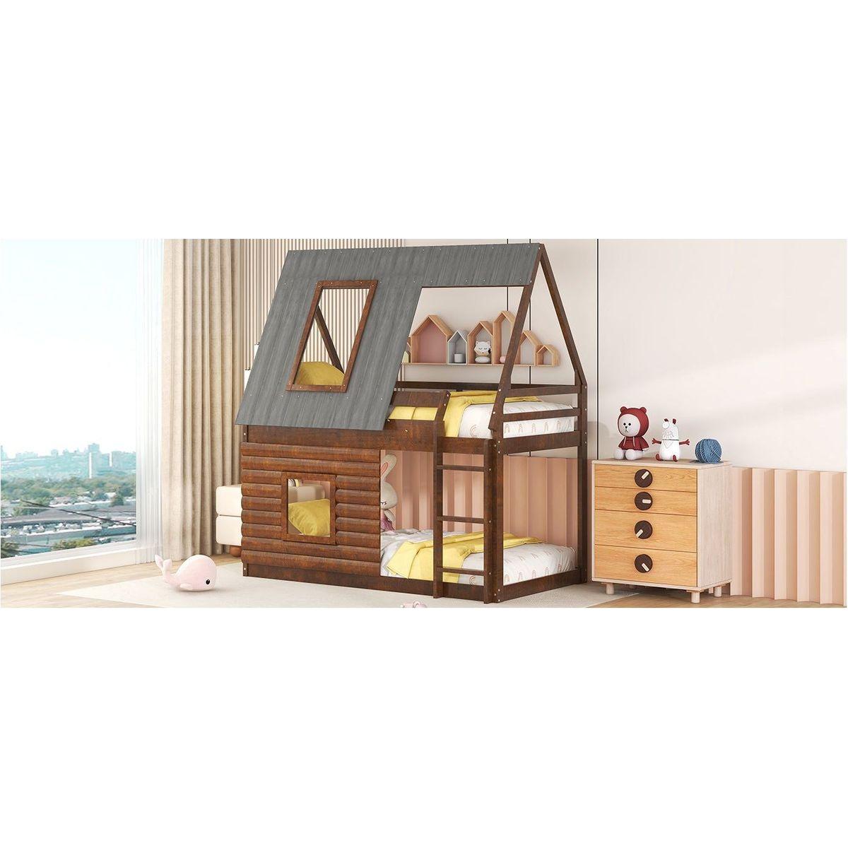 Wood Twin Size House Bunk Bed with Roof, Ladder and 2 Windows, Oak & Smoky Grey