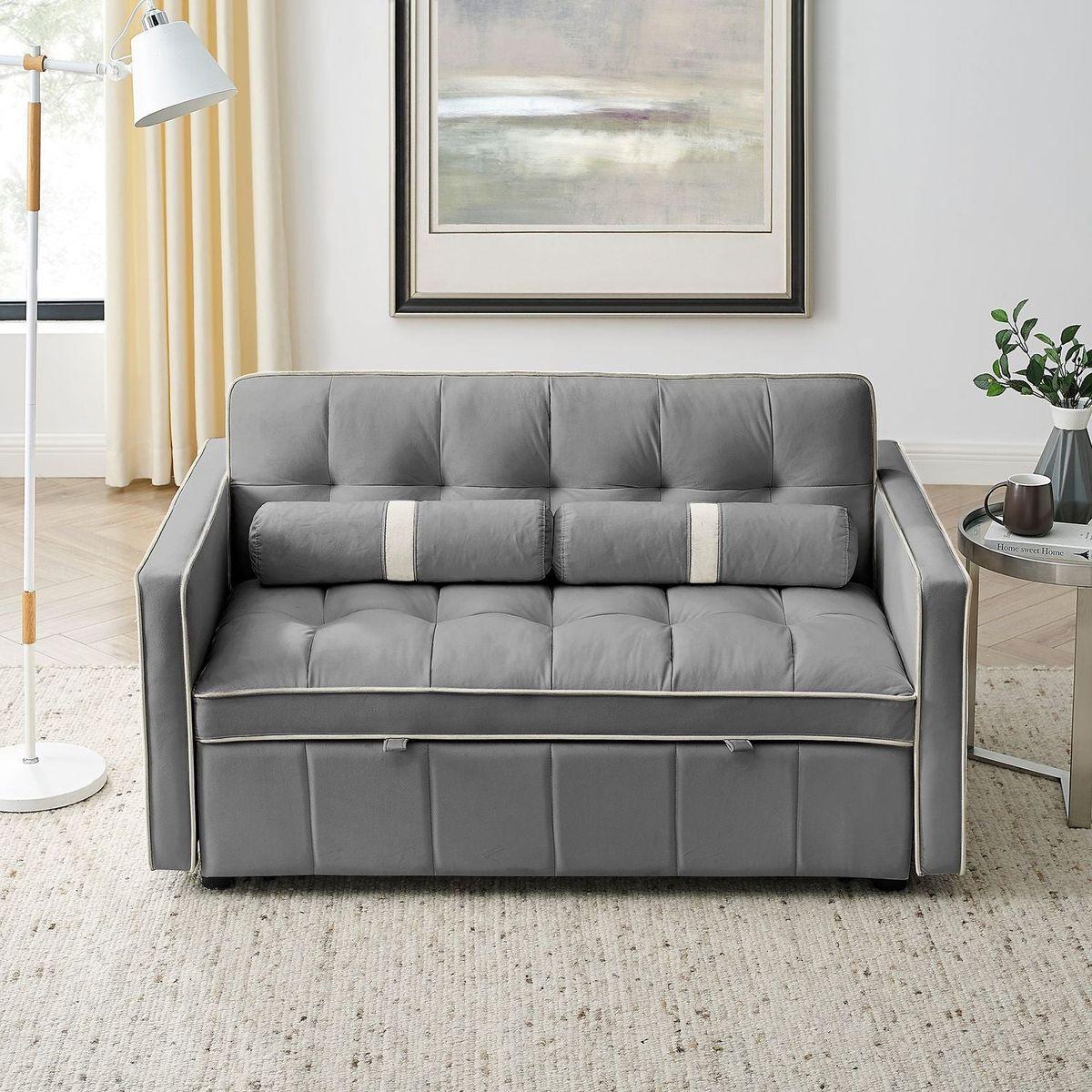 Modern 55.5" Pull Out Sleep Sofa Bed 2 Seater Loveseats Sofa Couch with side pockets, Adjustable Backrest and Lumbar Pillows for Apartment Office Living Room