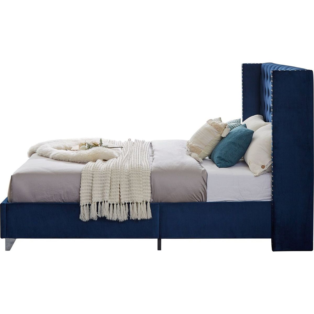 Queen bed, Button designed Headboard, strong wooden slats + metal legs with Electroplate