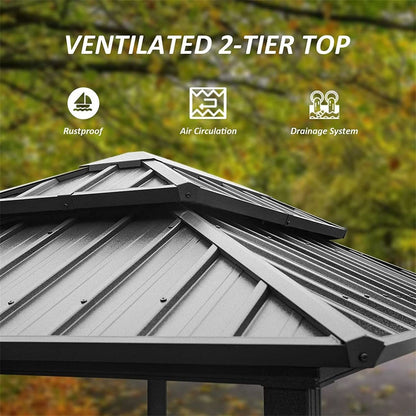 Grill Gazebo 8' x 6', Aluminum BBQ Gazebo Outdoor Metal Frame with Shelves Serving Tables, Permanent Double Roof Hard top Gazebos for Patio Lawn Deck Backyard and Garden (Grey)