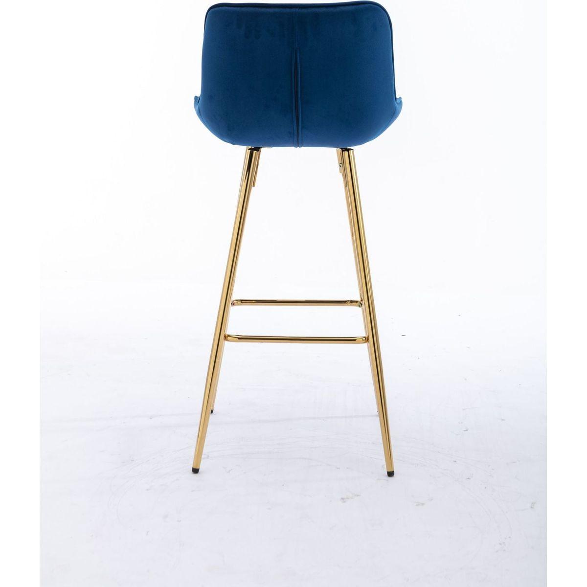 26 Inch Set of 2 Bar Stools, with Steel Frame Footrest Velvet Fabric Golden Leg Simple Bar Stool, BLUE