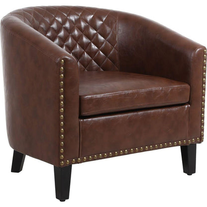 accent Barrel chair living room chair with nailheads and solid wood legs Brown pu leather