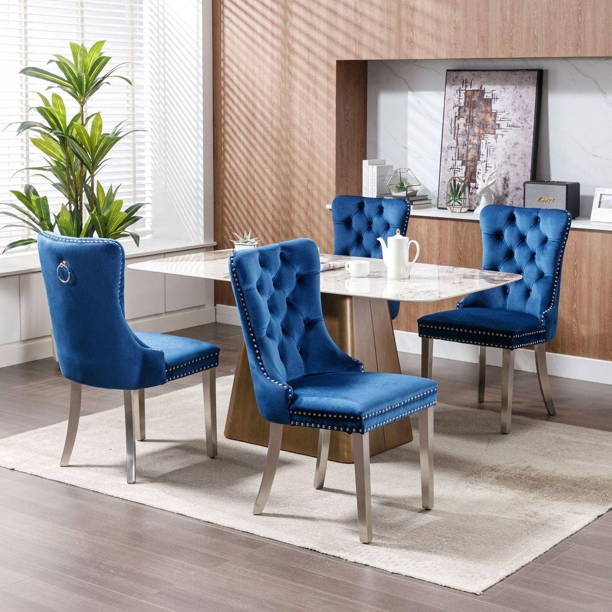 Nikki Collection Modern, High-end Tufted Solid Wood Contemporary Velvet Upholstered Dining Chair with Chrome Stainless Steel Plating Legs, Nailhead Trim, Set of 2, Blue and Chrome