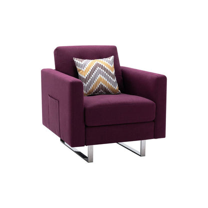 Victoria Purple Linen Fabric Armchair with Metal Legs, Side Pockets, and Pillow